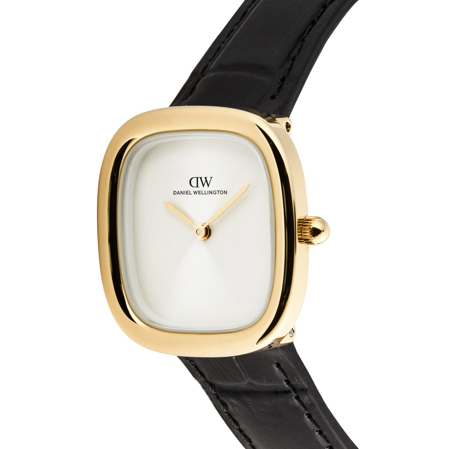 Daniel Wellington wristwatch with a gold bezel, white dial, and black leather strap, centered on a white background.