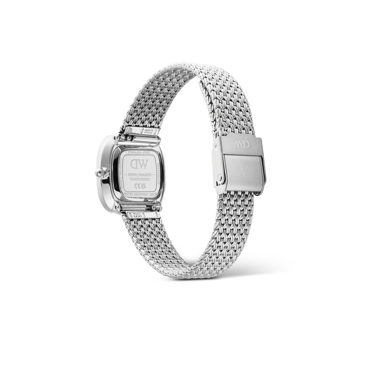 Silver stainless steel women's watch with a mesh band, shown from the back with the case and clasp visible against a white background.
