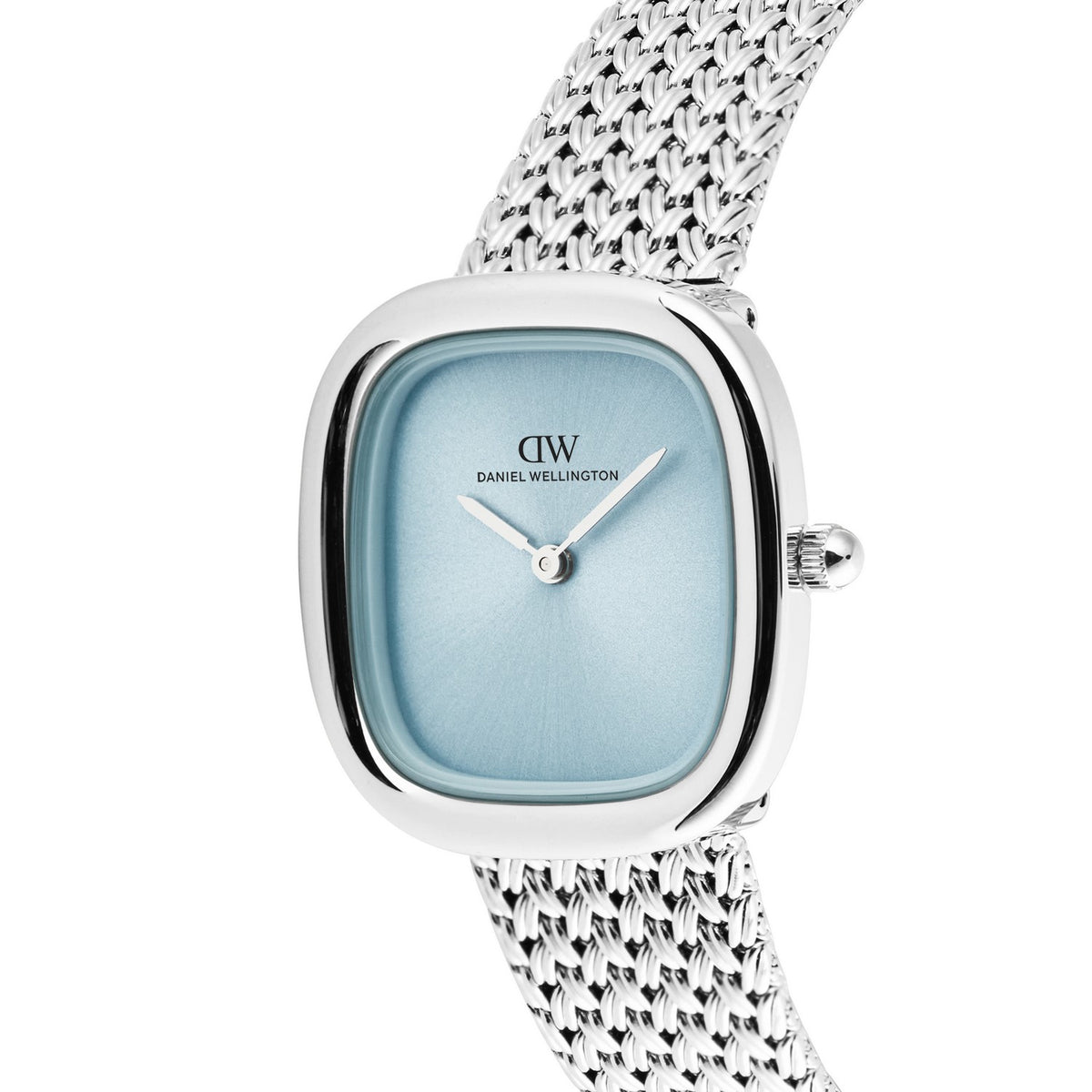 Daniel Wellington women's watch featuring a silver-tone stainless steel case, a light blue dial, and a matching silver-tone mesh bracelet, shown against a solid white background.