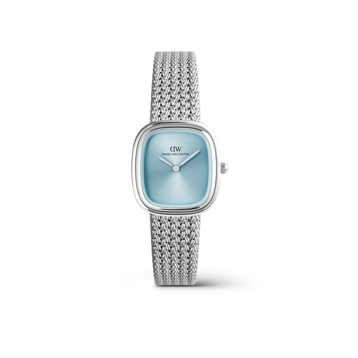 Daniel Wellington silver mesh watch with a light blue dial and silver bezel, shown on a clean white background.
