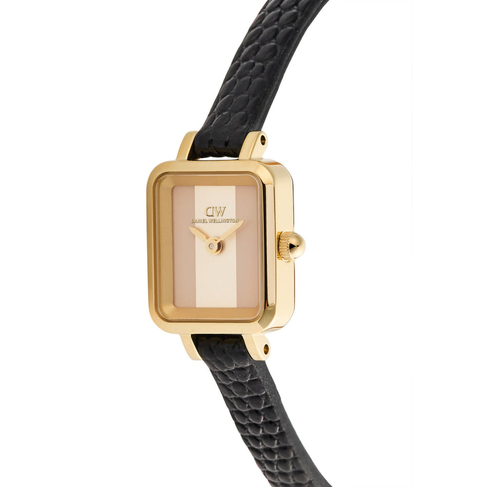 Daniel Wellington Womens Quadro Striped Beige & Cream Dial Black Genuine Leather Strap Watch DW00100957