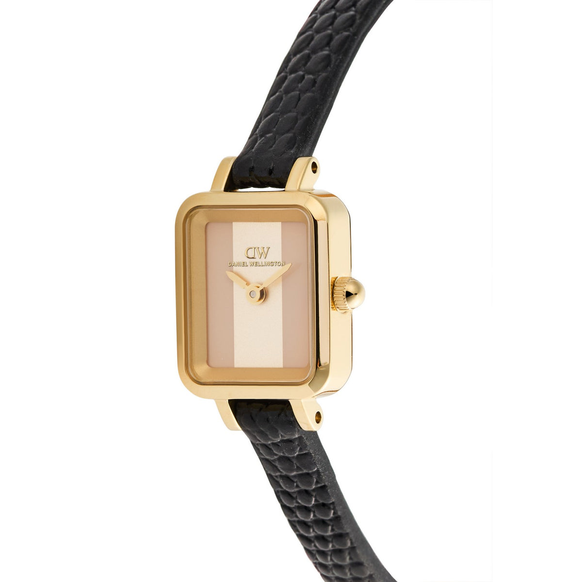 A Daniel Wellington women's watch featuring a rectangular gold-tone case, a beige and cream striped dial, and a textured black leather strap, shown against a plain white background.