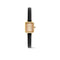 A women's rectangular wristwatch with a textured black strap, a gold-tone case, and a champagne beige dial with gold hands.