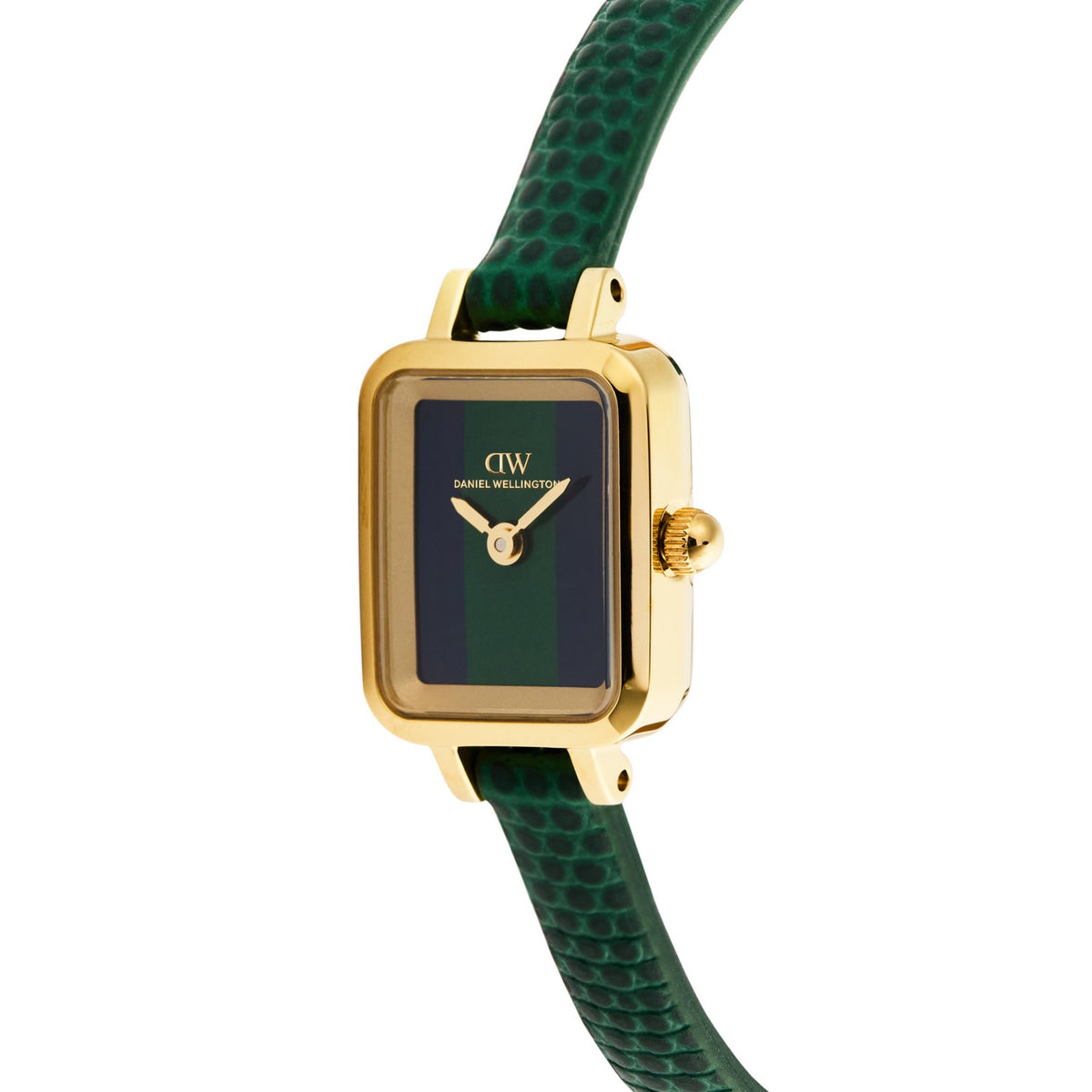 Daniel Wellington women's watch featuring a gold-plated rectangular case, a dark green dial with gold hands and 'DW' logo, and a textured dark green leather strap.