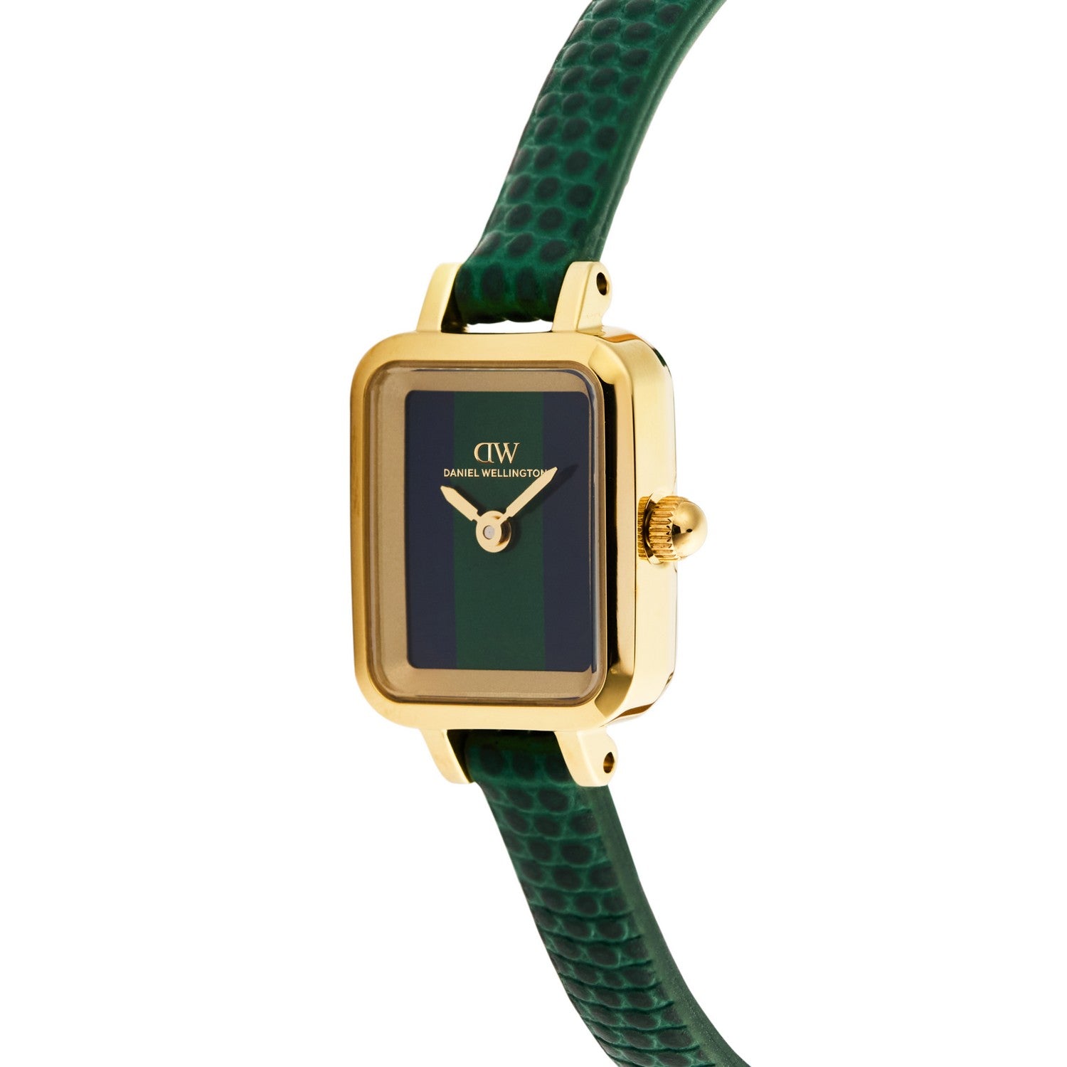 Daniel Wellington women's watch featuring a gold-plated rectangular case, a dark green dial with gold hands and 'DW' logo, and a textured dark green leather strap.