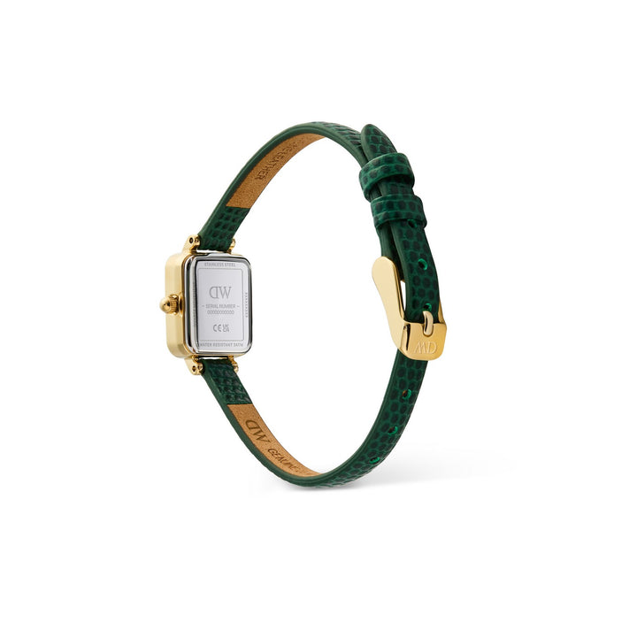 A Daniel Wellington watch with a green textured leather strap and a gold-toned rectangular case, shown from a side angle on a white background.