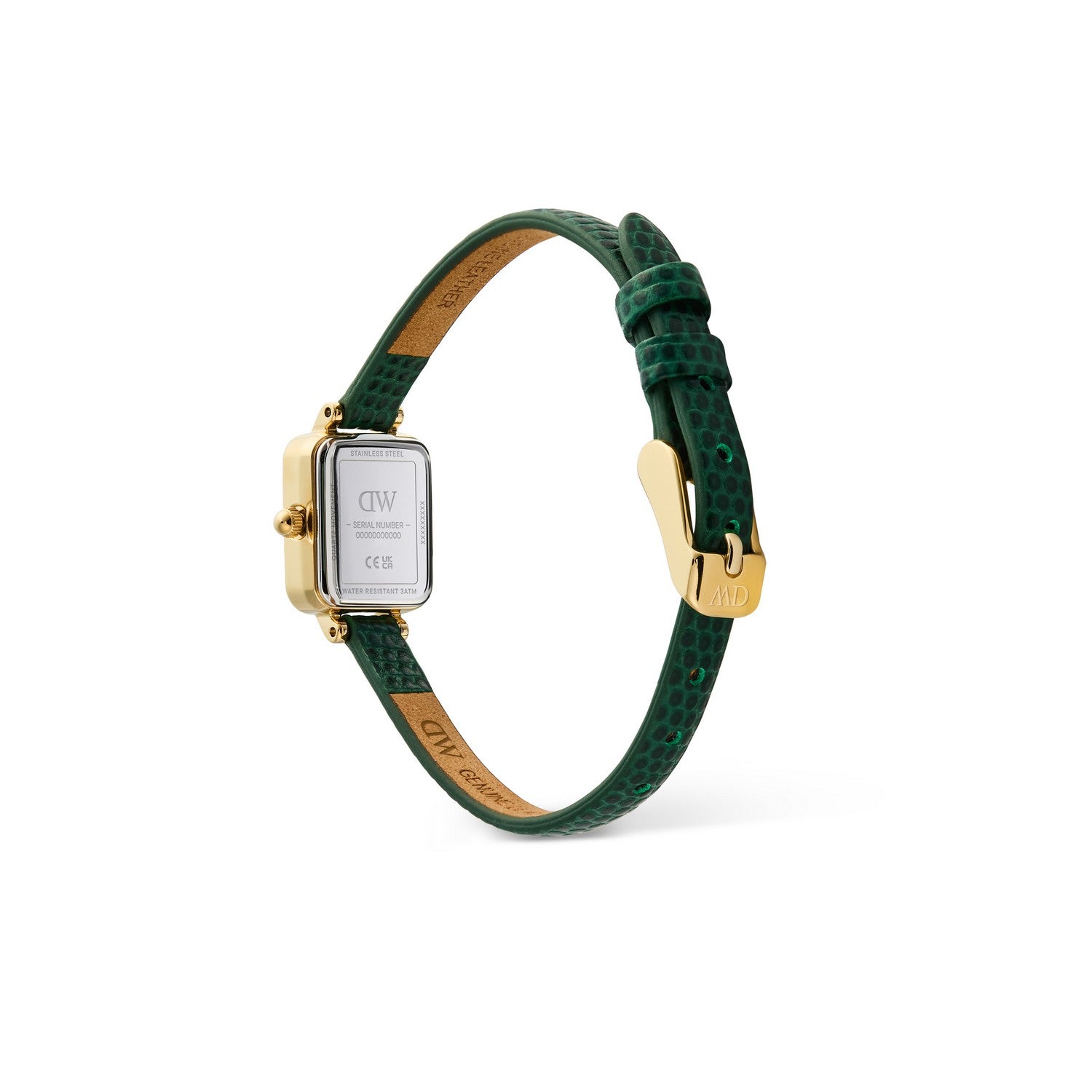 A Daniel Wellington wristwatch with a gold-tone rectangular case, a dark green dial, and a textured green strap, shown against a plain white background.