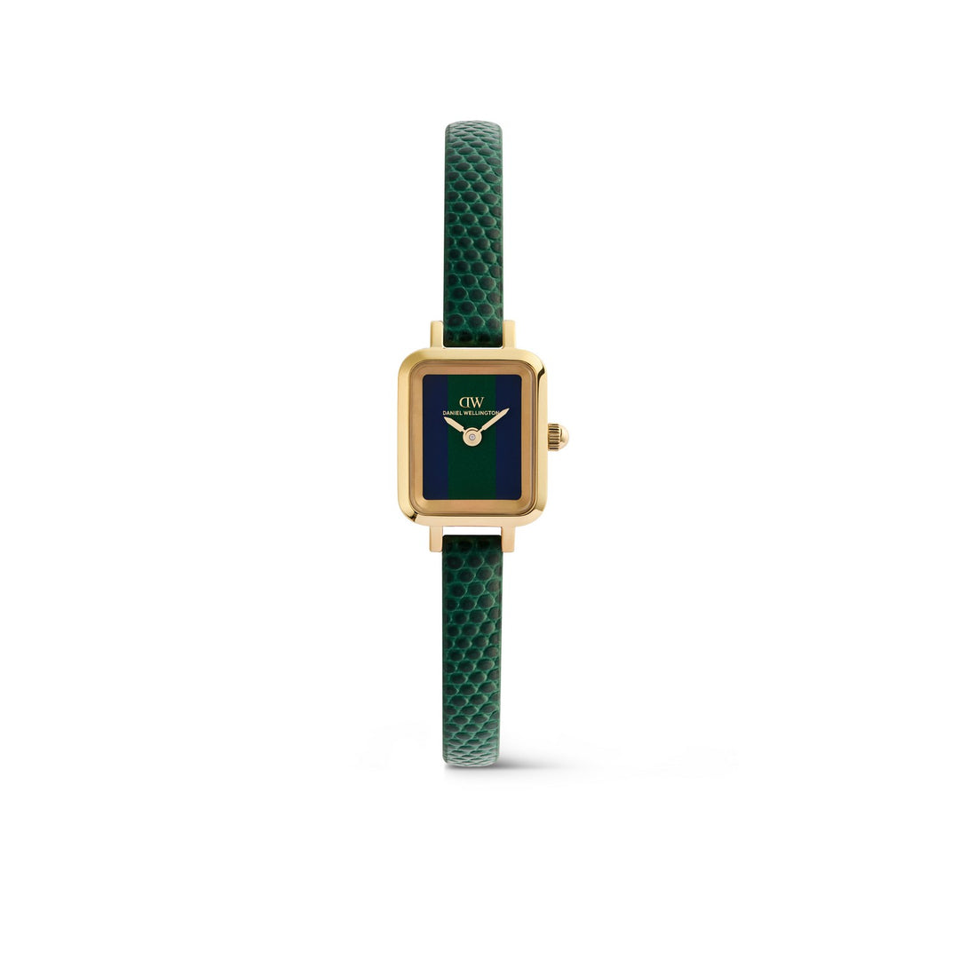 A Daniel Wellington wristwatch with a gold-tone rectangular case, a dark green dial, and a textured green strap, shown against a plain white background.