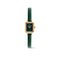 A Daniel Wellington wristwatch with a gold-tone rectangular case, a dark green dial, and a textured green strap, shown against a plain white background.