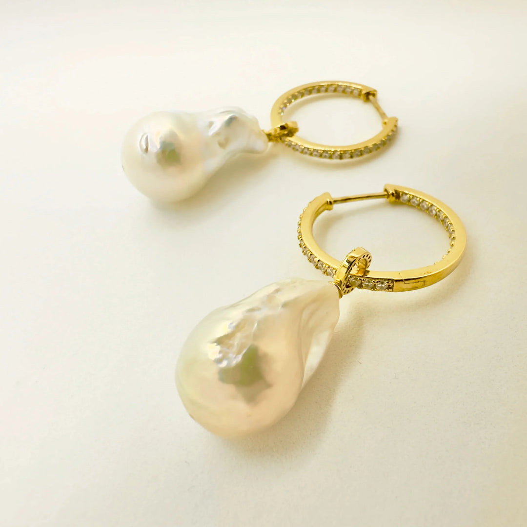 Detachable Diamond Huggie Baroque Pearl Earrings
