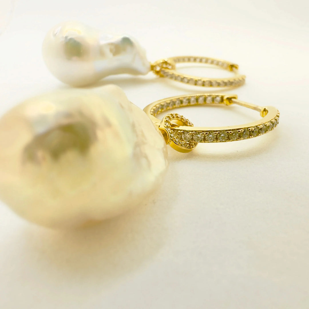 Detachable Diamond Huggie Baroque Pearl Earrings