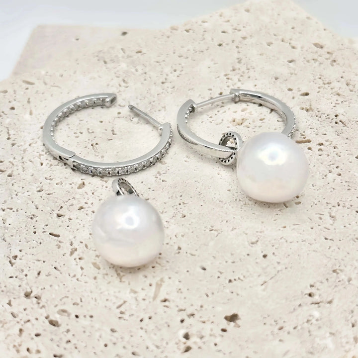 Detachable Diamond Huggie Baroque Pearl Earrings
