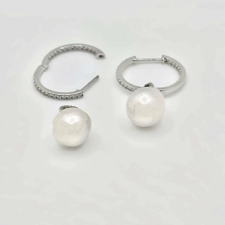 Detachable Diamond Huggie Baroque Pearl Earrings