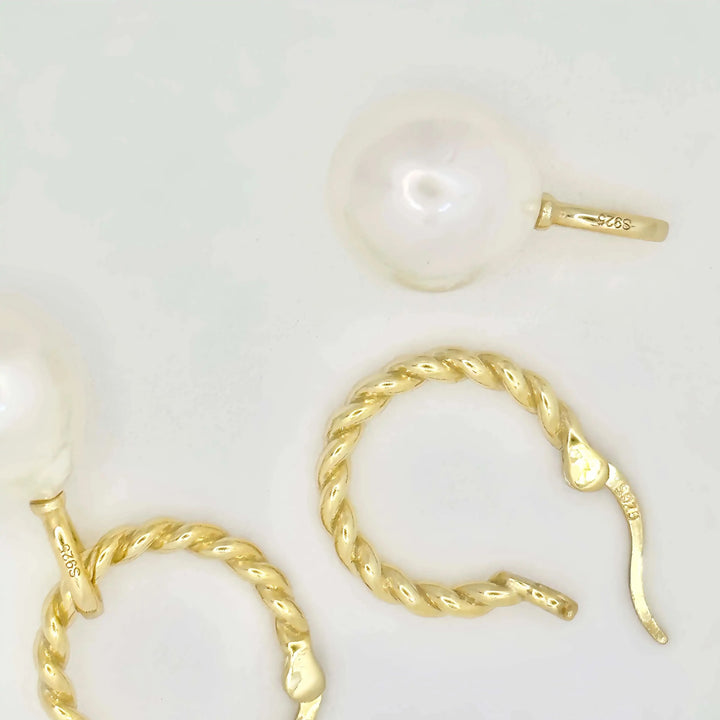 Detachable Twist Gold Hoop Baroque Pearl Earrings