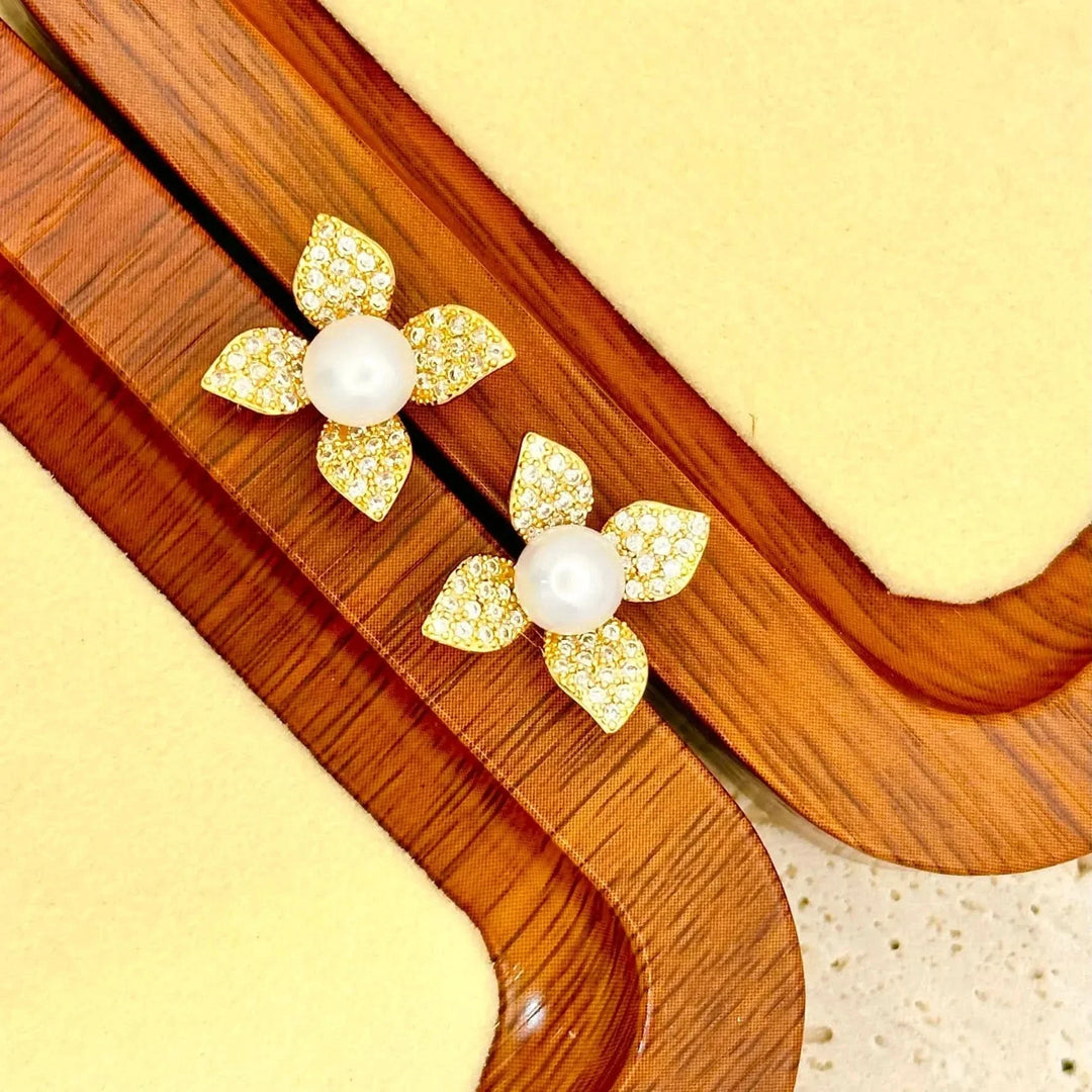 Diamonds Flower Pearl Stud Earrings