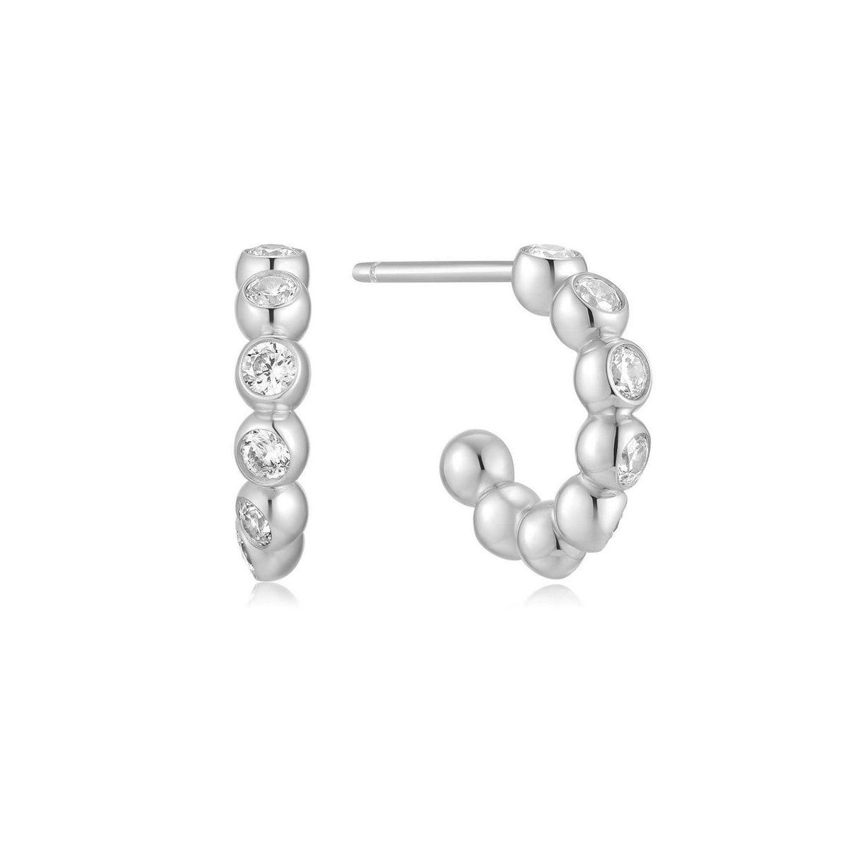Silver Bezel Beaded Huggie Hoop Earrings E066-05H