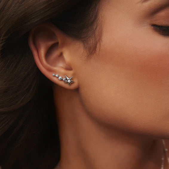 Close-up of a person wearing a star-shaped earring.