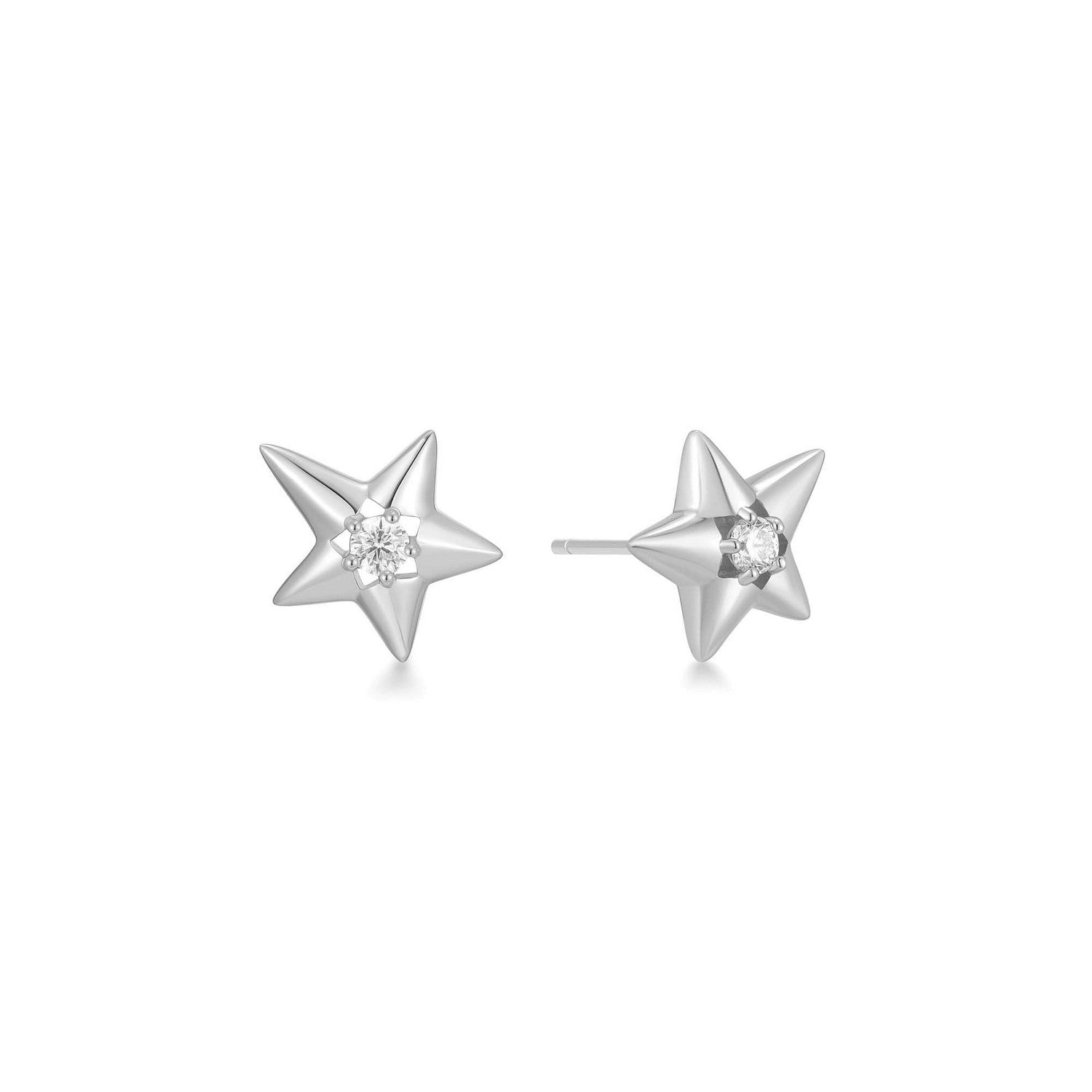 Star-shaped silver earrings with clear gemstones on a white background