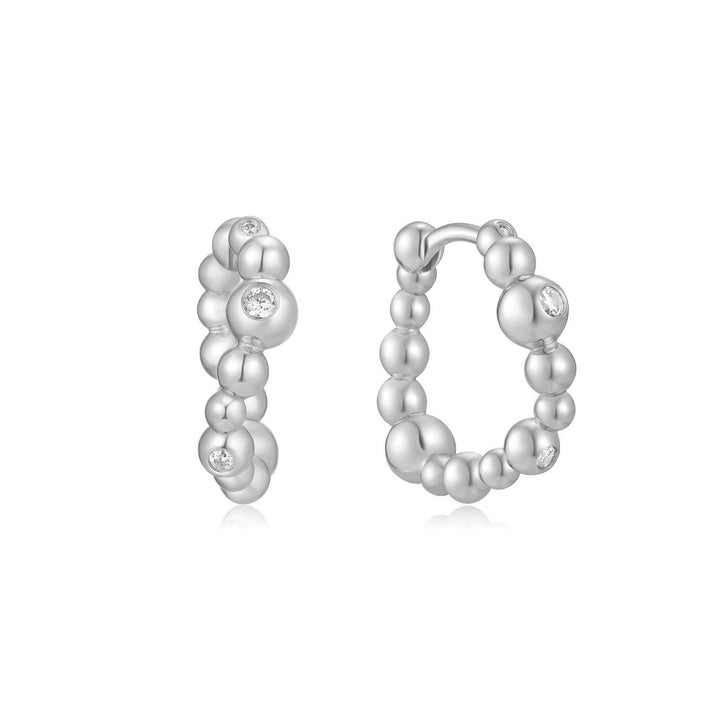 Silver Bezel Beaded Curved Huggie Hoop Earrings E066-08H