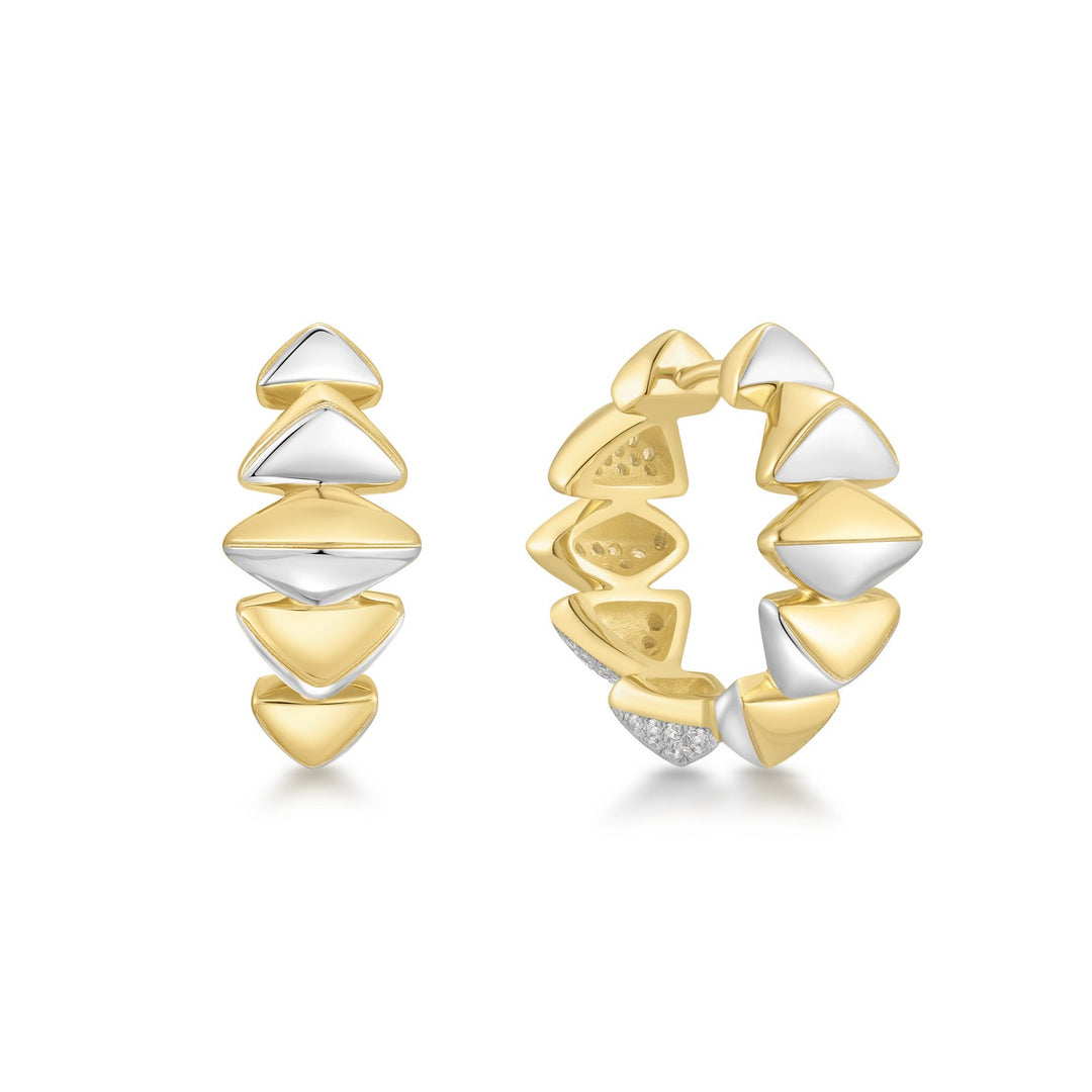 Gold and silver geometric hoop earrings on a white background