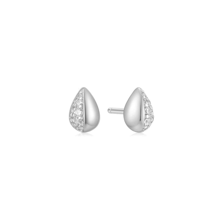 Pair of silver teardrop earrings with clear stones on a white background