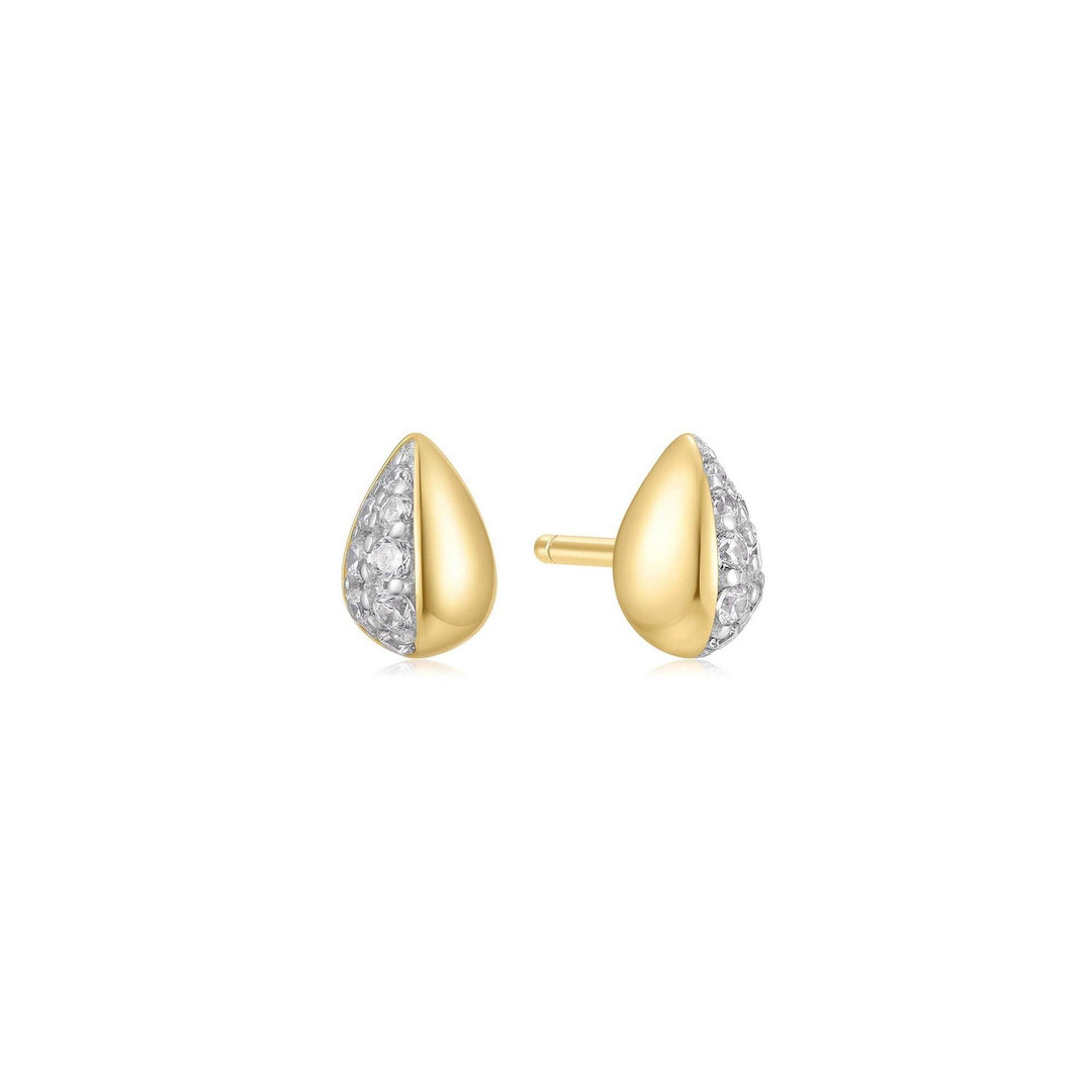 Gold teardrop earrings with diamond accents on a white background