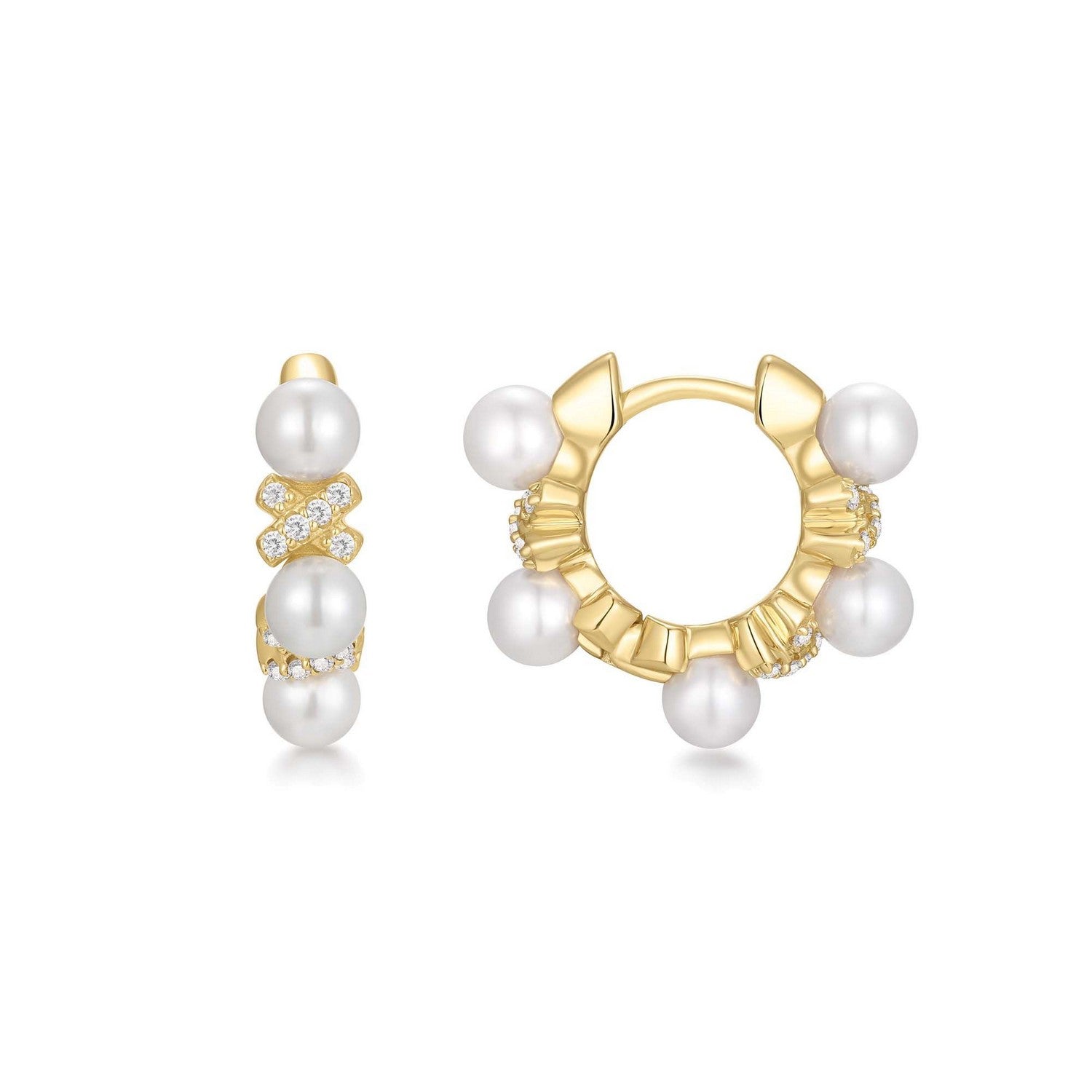 Gold hoop earrings with pearls on a white background