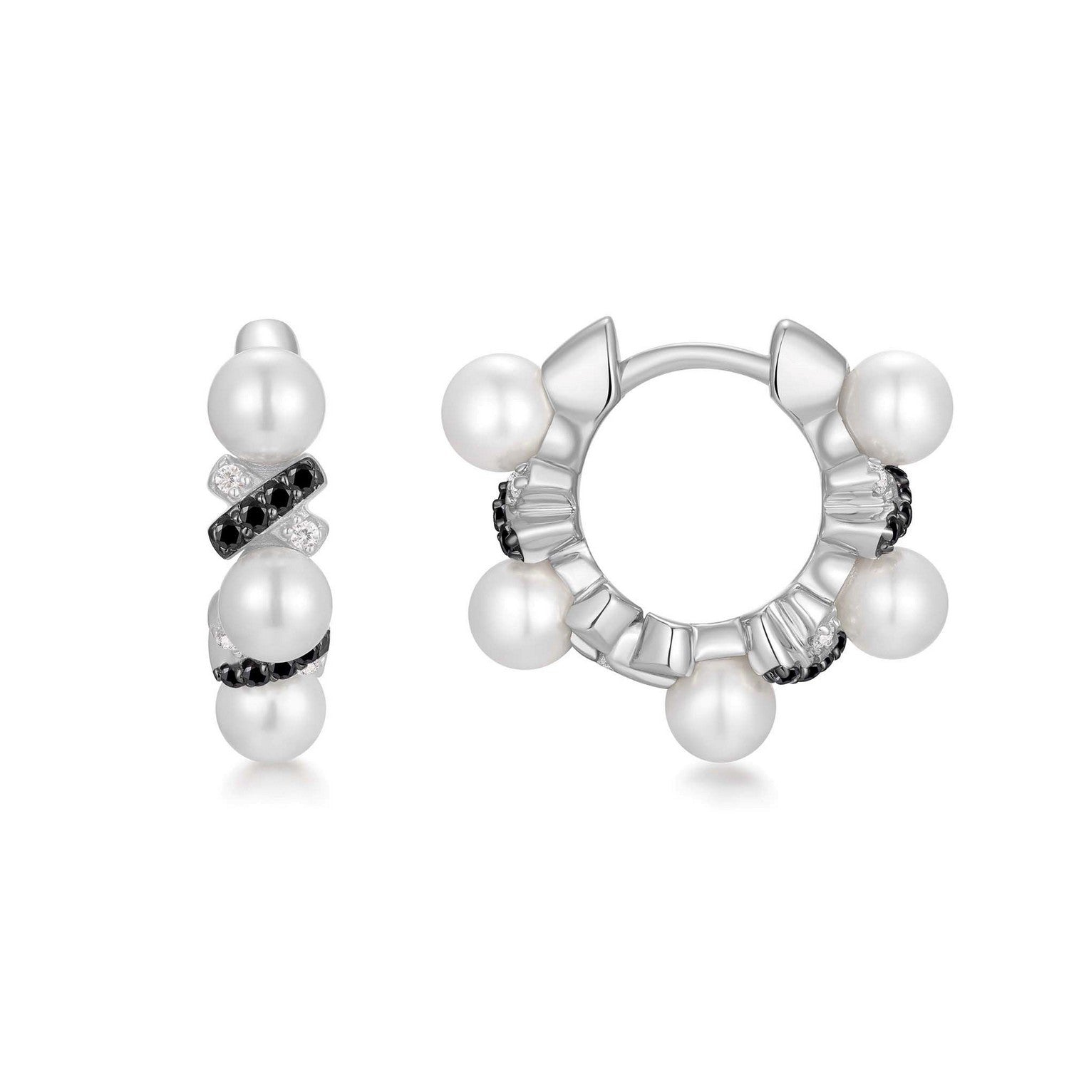 Pair of pearl hoop earrings on a white background