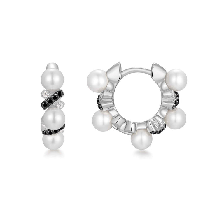 Pair of pearl hoop earrings on a white background