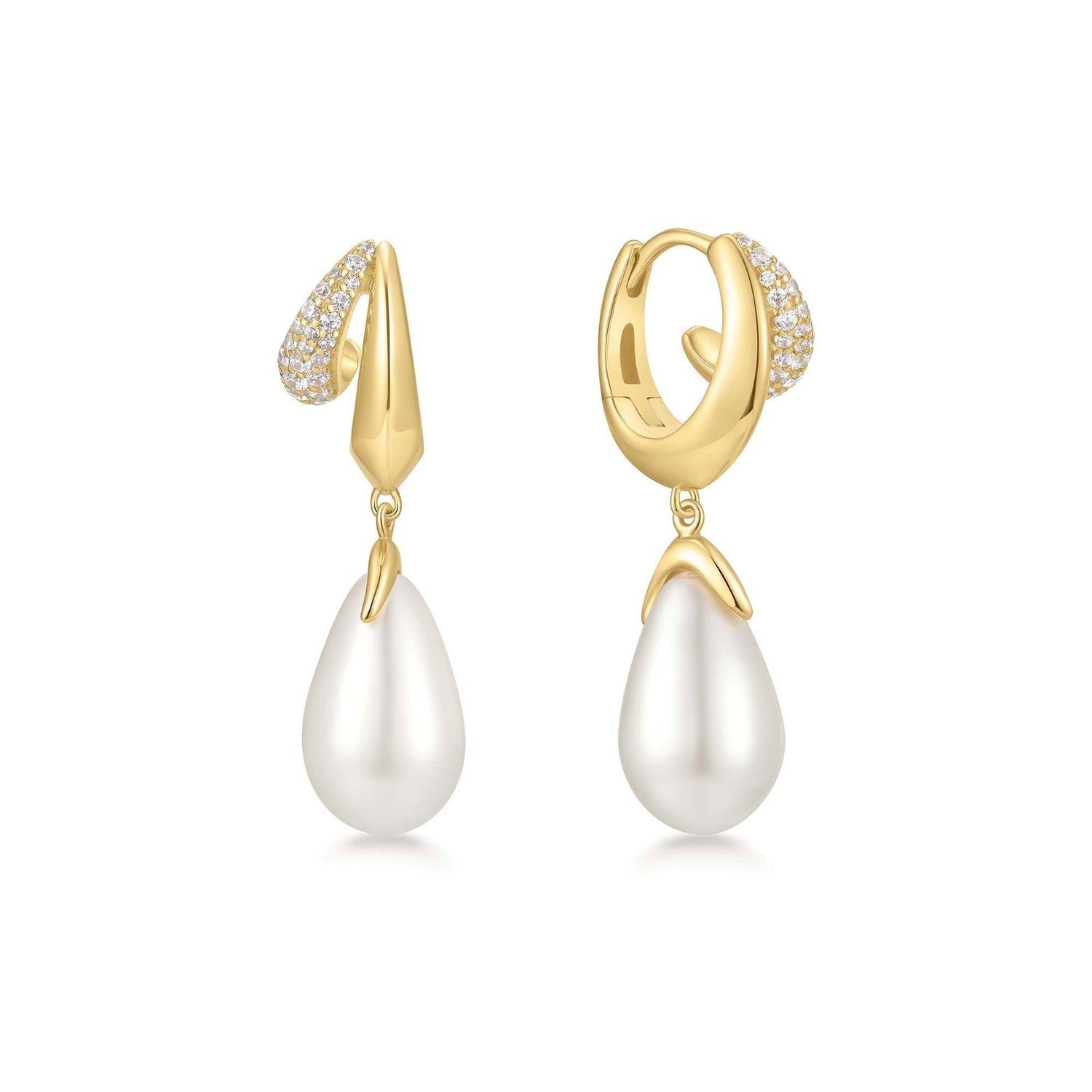 Gold Sparkling Duet Mixed Shell Pearl Drop Huggie Hoop Earrings E069-09G