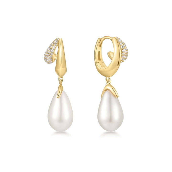 Gold Sparkling Duet Mixed Shell Pearl Drop Huggie Hoop Earrings E069-09G