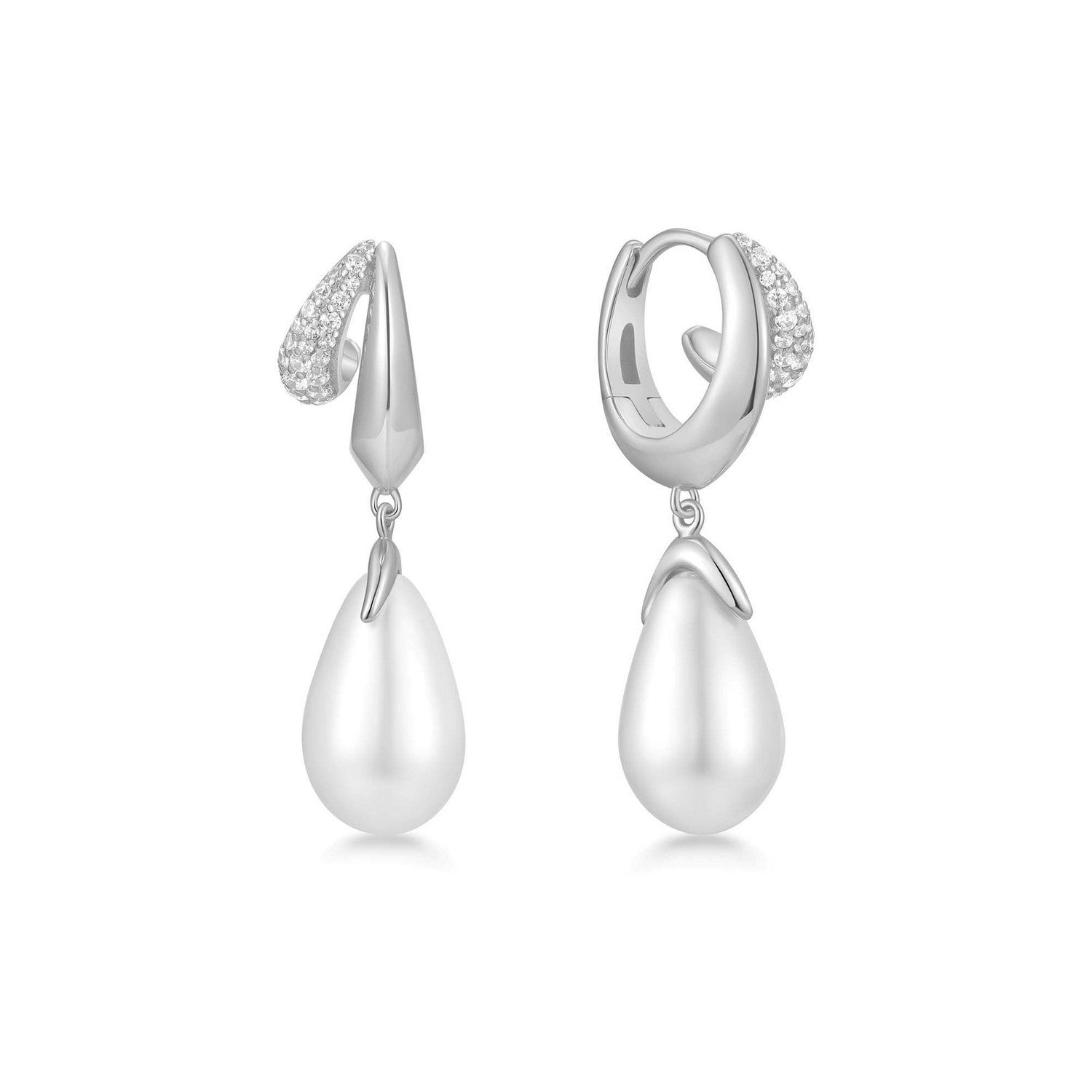Silver Sparkling Duet Mixed Shell Pearl Drop Huggie Hoop Earrings E069-09H