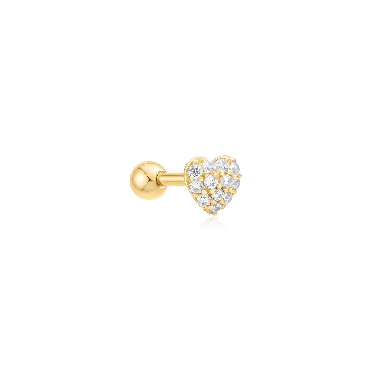 Gold heart-shaped earring with clear stones on a white background
