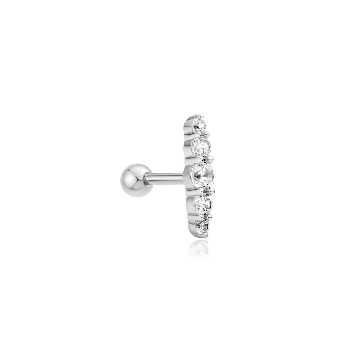 Silver earring with clear gemstones on a white background