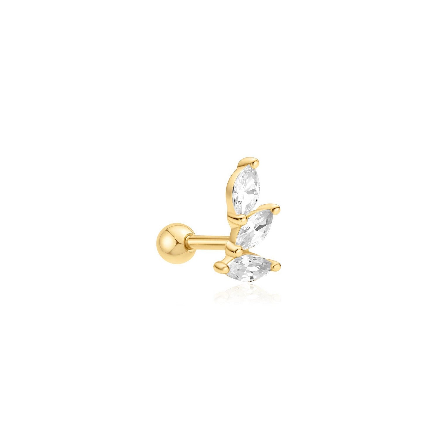 Gold earring with clear gemstones on a white background