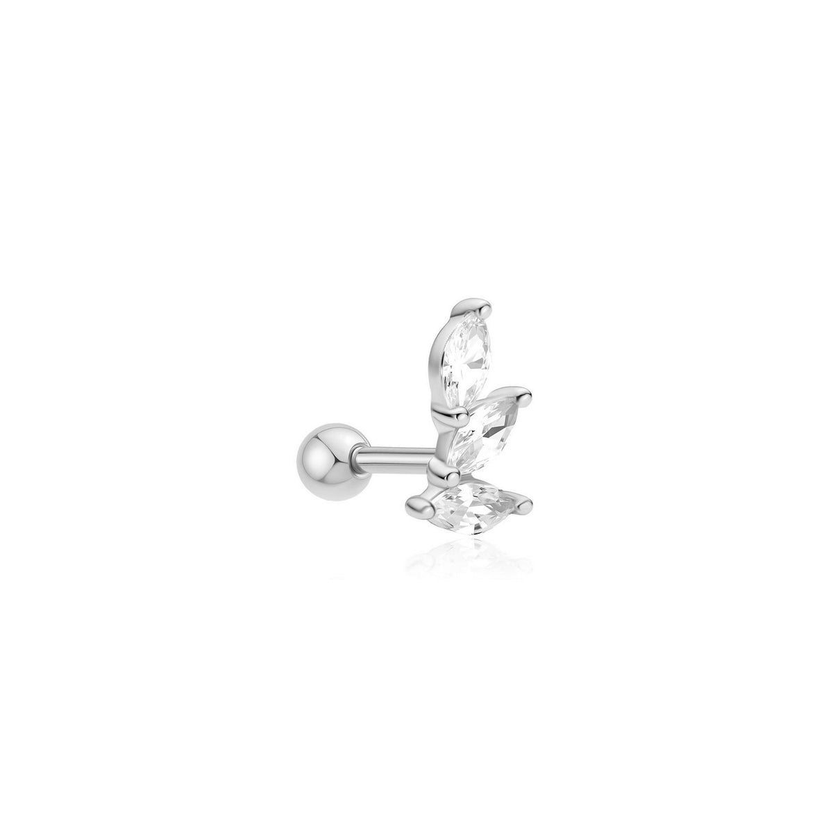 Silver butterfly earring with a clear gemstone on a white background