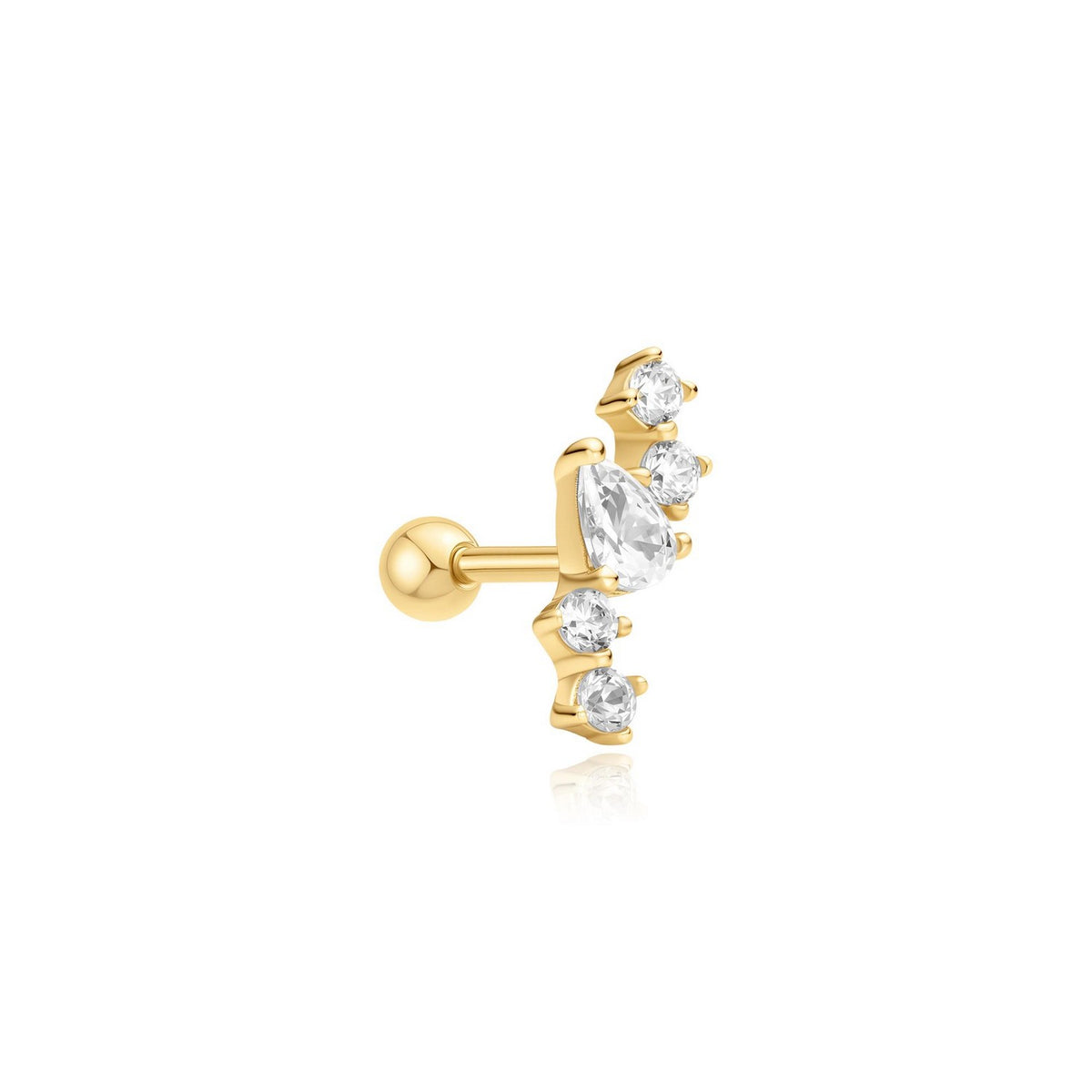 Gold earring with clear gemstones on a white background