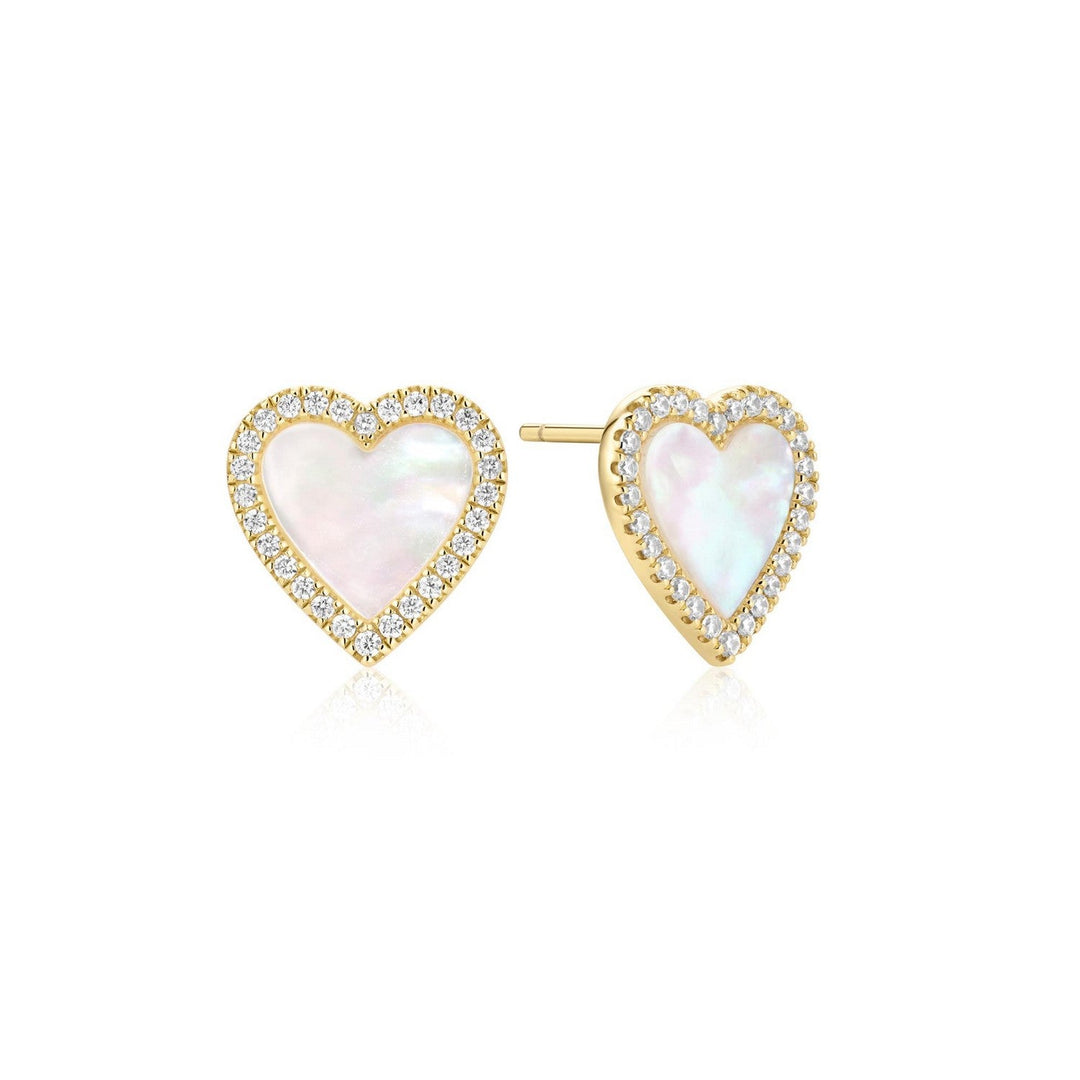Gold Mother of Pearl Halo Heart Stud Earrings E071-03G