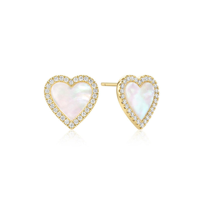 Gold Mother of Pearl Halo Heart Stud Earrings E071-03G