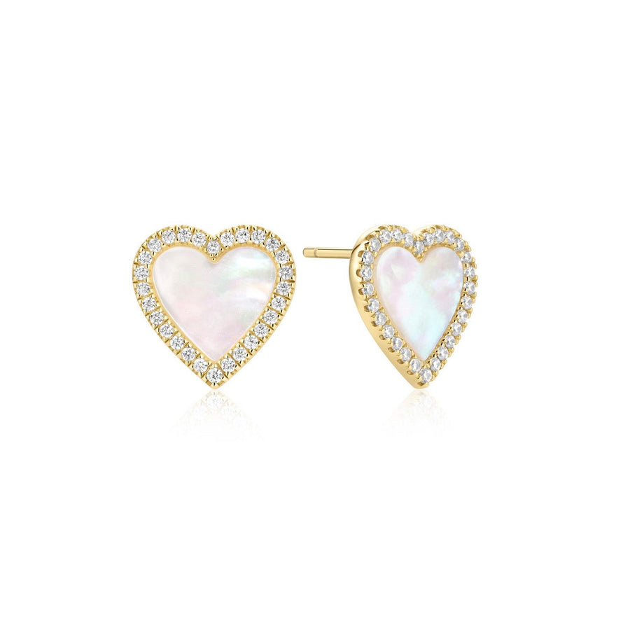 Gold Mother of Pearl Halo Heart Stud Earrings E071-03G