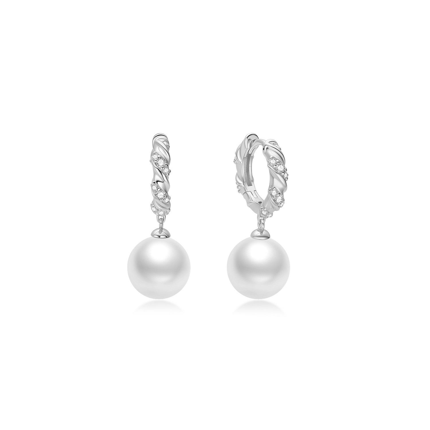 Ania Haie Silver Shell Pearl Dangling Twisted Huggie Hoop Earrings E075-14H