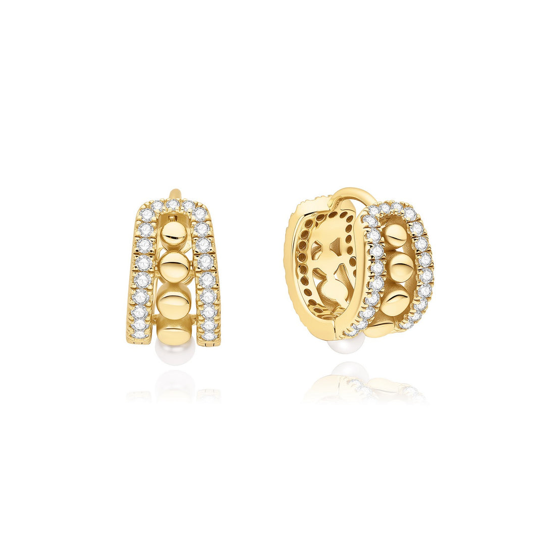 Gold hoop earrings with diamond accents on a white background