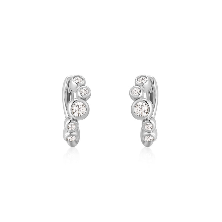 Pair of silver hoop earrings with embedded crystals on a white background