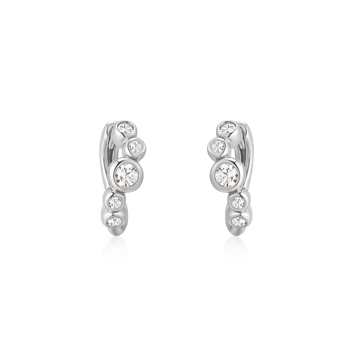 Pair of silver hoop earrings with embedded crystals on a white background