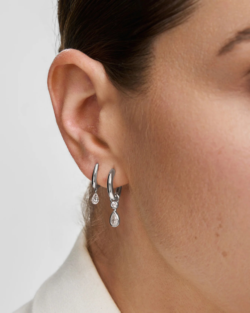 Ania Haie Fluid Light Silver Teardrop Dangle Huggie Hoop Earrings E078-09H