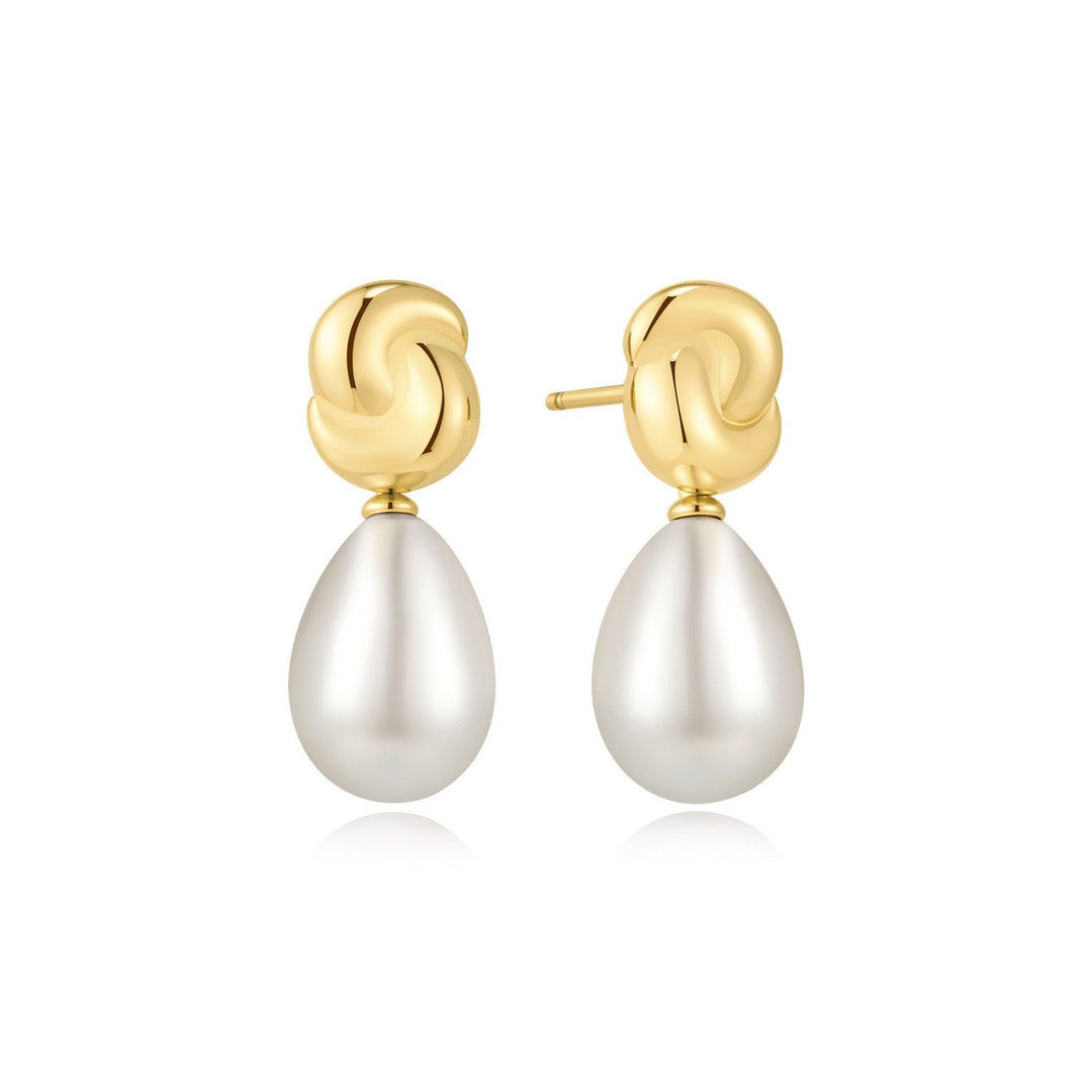 Ania Haie Swan Lake Gold Twist & Shell Pearl Drop Stud Earrings E077-02G