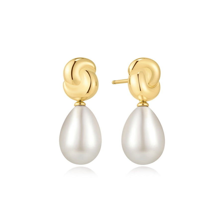 Ania Haie Swan Lake Gold Twist & Shell Pearl Drop Stud Earrings E077-02G