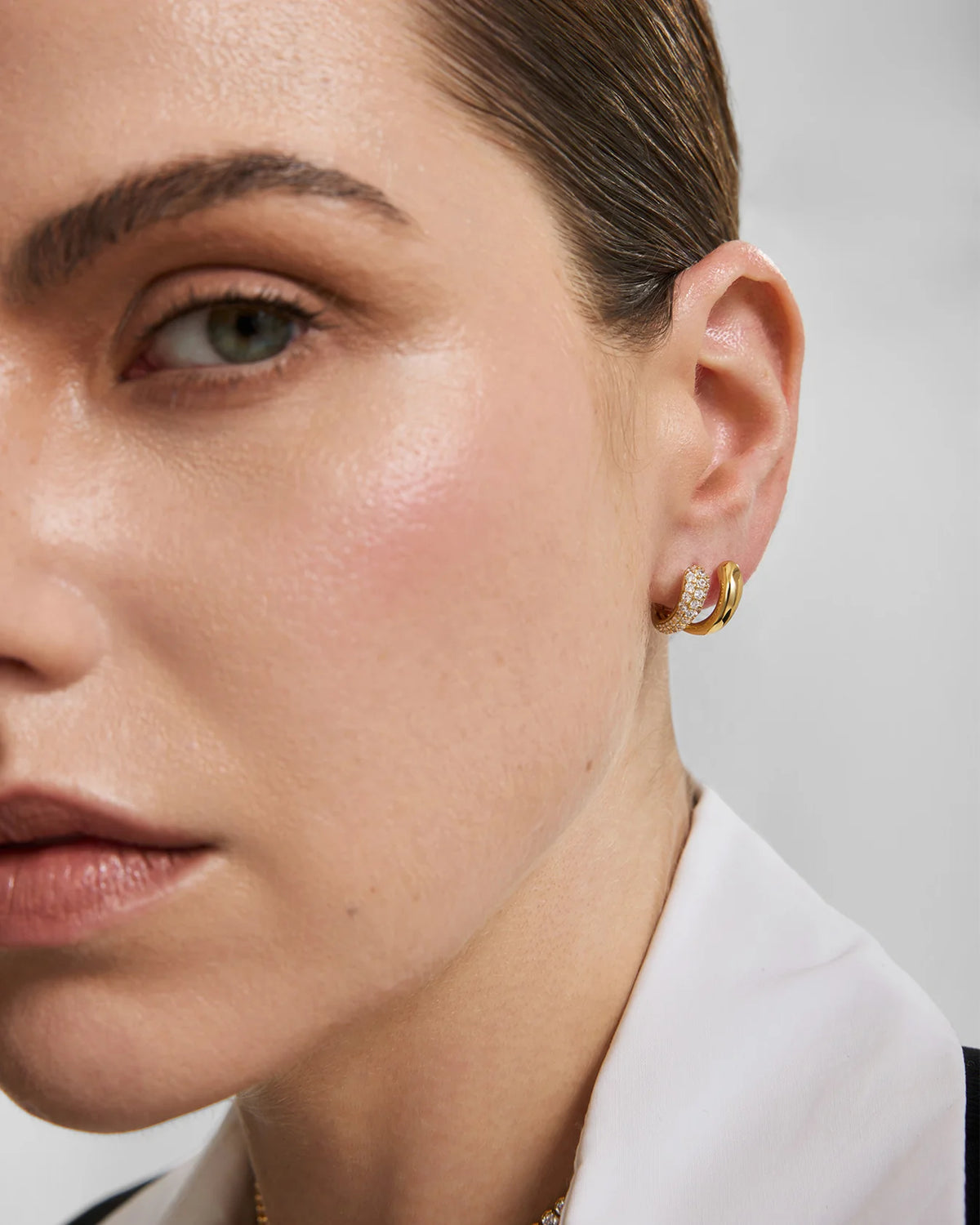 Ania Haie Fluid Light Gold Spiral Half Pavé & Polish Huggie Hoop Earrings E078-12G