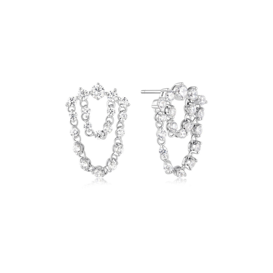 Ania Haie Fairy Dust Silver Sparkling Arc With Double Chain Stud Earrings E079-15H