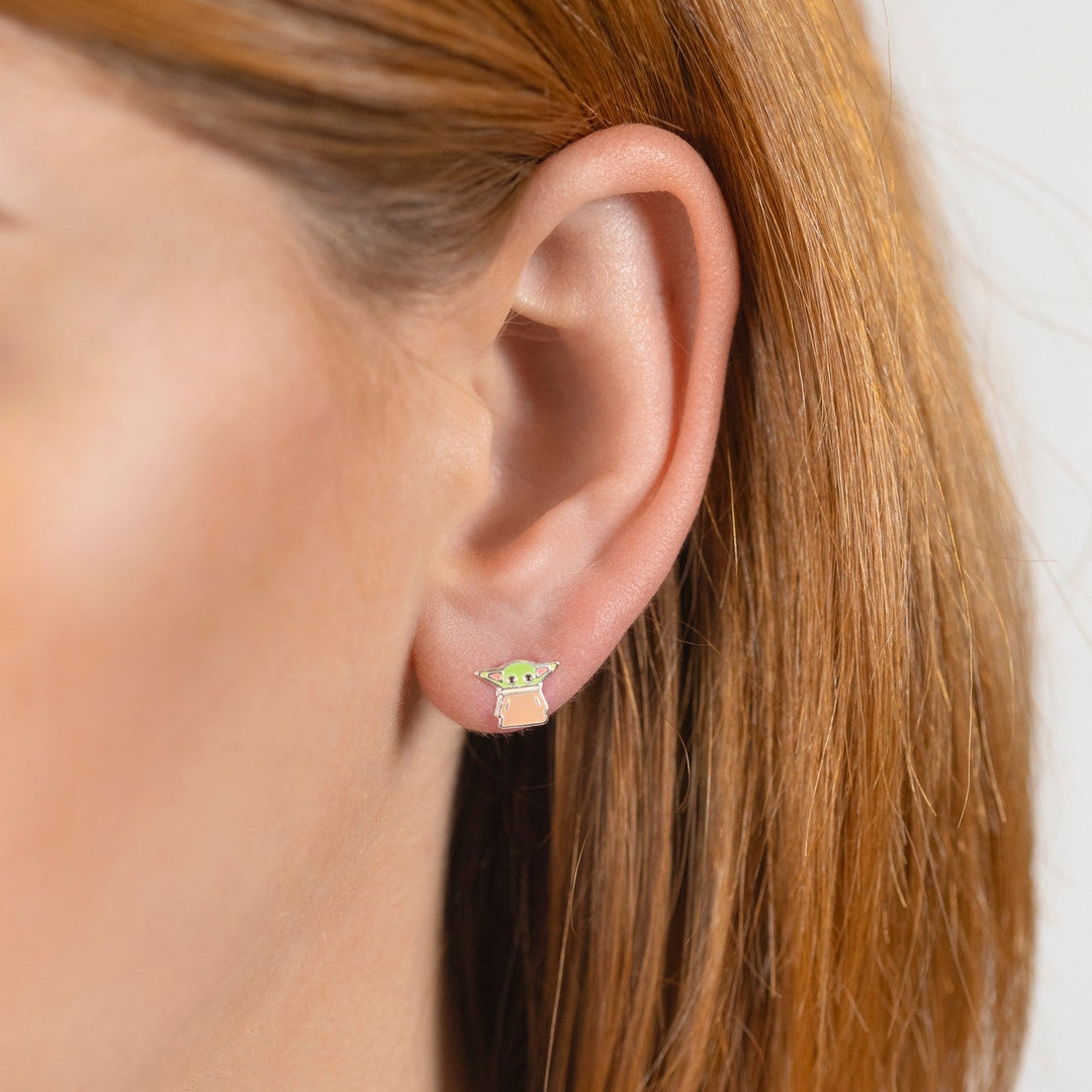 Star Wars Sterling Silver 925 The Mandalorian Stamp Stud Enamel Filled Grogu Earrings E906538SL.PH